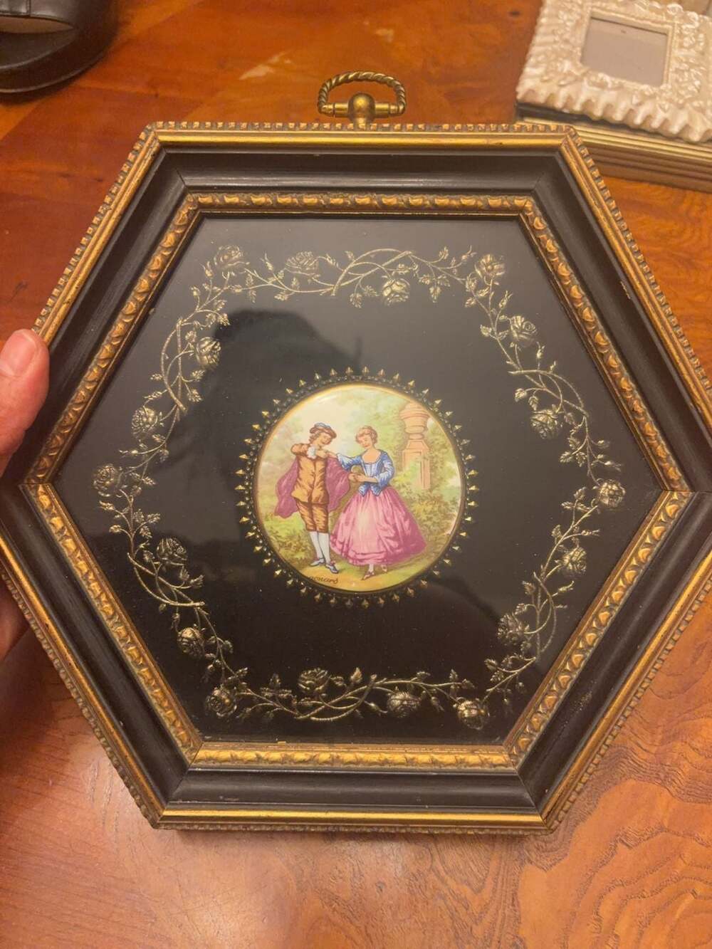 Vintage Fragonard Courting Couple Hexagonal Wall Art Plaque